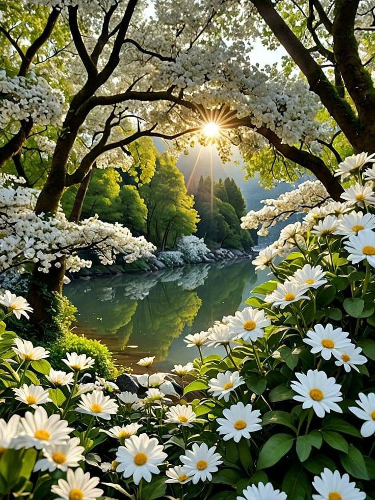 the sun shines brightly through the trees and flowers in front of a river with white daisies