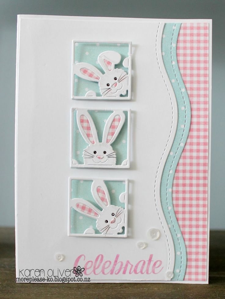 a close up of a card with some bunny images on it and the words celebrate