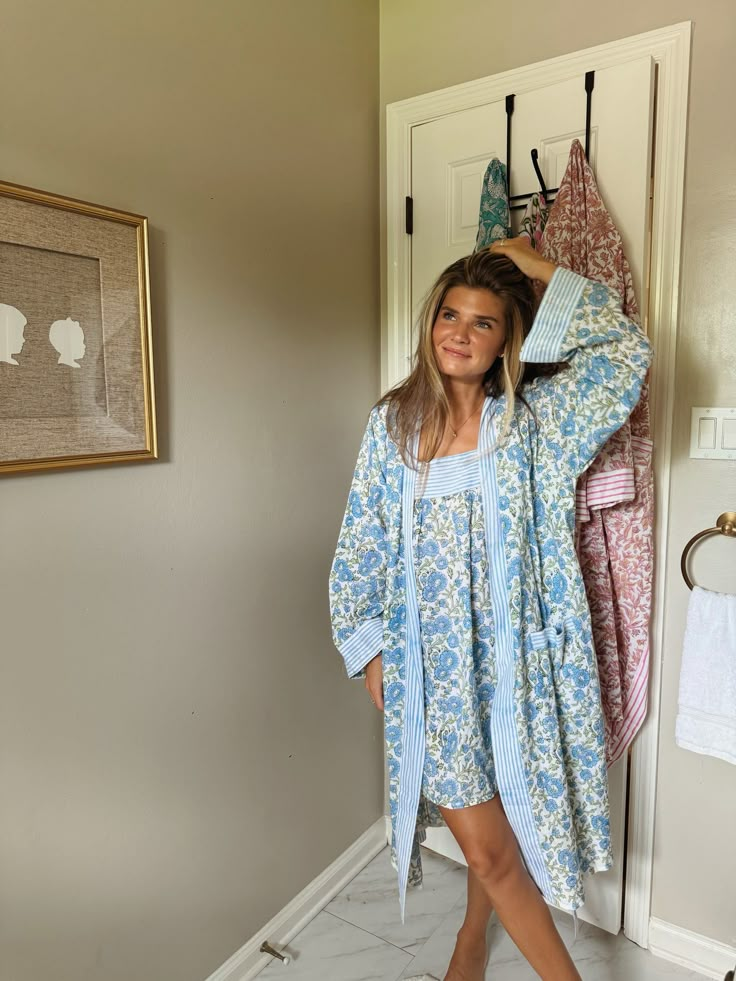 Darling X Olivia Stallings - The Willow Robe Spring Cotton Kimono For Lounging, Cotton Kimono For Spring Lounging, Spring Kimono With Relaxed Fit, Long Sleeve Robe For Lounging, Cotton Kimono For Lounging, Blue Spring Robe For Lounging, Blue Spring Robe For Loungewear, Cozy Blue Sleepwear For Spring, Cozy Relaxed-fit Robe For Daywear