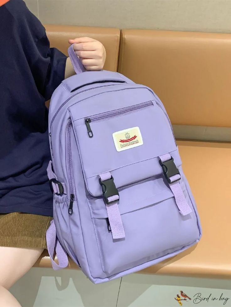 BirdinBag - Functional Backpack with Letter Patch and Release Buckle Decoration Casual Purple Backpack For Students, Casual Large Capacity Purple Backpack, Casual Purple Student Backpack, Casual Purple Backpack For School, Casual Purple School Backpack, Casual Purple Nylon Backpack, Iris Cabin, Purple Preppy, High School Bags