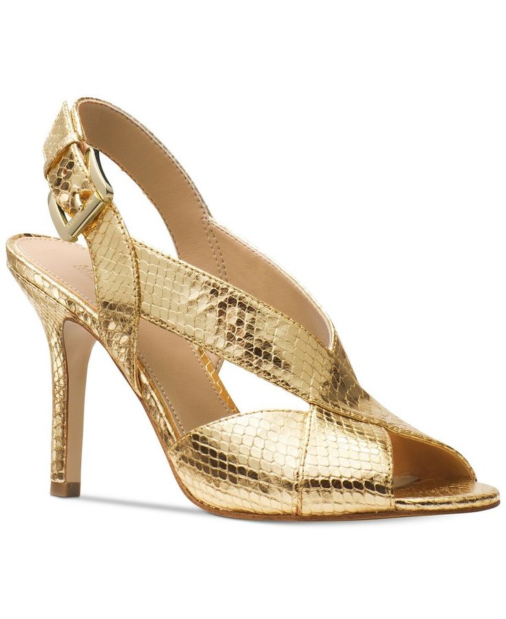 BRAND: MICHAEL KORS COLOR: Metallic-Light Gold  STYLE: Becky Sandal MATERIAL: Leather   Snake-skin embossed leather upper Around open toe Leather lining and insole Padded insole Gold tone buckle at ankle Approx.4 inches heel Rubber outsole Brand new in original box    ORIGINAL RETAIL PRICE: $115.00 All products on our store are 100% Authentic NO RETURNS ACCEPTED FROM INTERNATIONAL BUYERS Please e-mail me with any questions Gold Sandals Heels, Size 12 Women Shoes, Casual Pumps, Fashion Me, Belt Purse, Gold Sandals, Shoe Design, Cheap Shoes, 4 Inch Heels