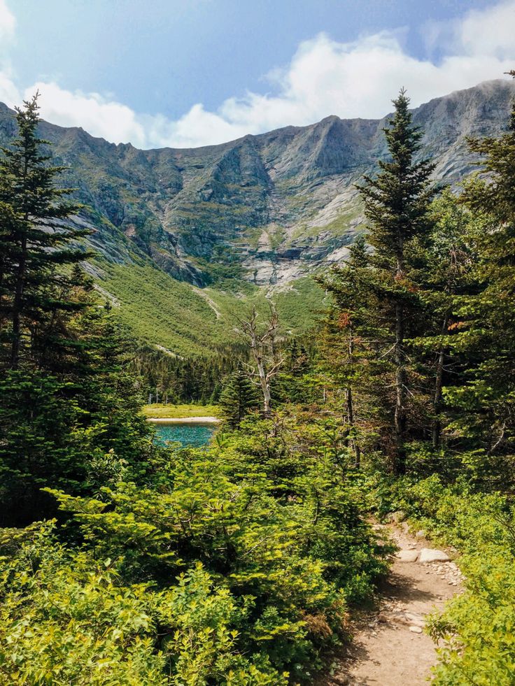 the trail is surrounded by trees and mountains