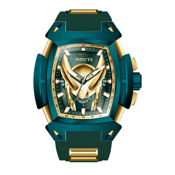 This eye-catching Invicta watch from the Marvel collection is powered by an accurate Quartz movement, with a green, gold case. Its face is decorated by a green, gold, metal dial, and protected by a sturdy Flame Fusion Crystal. A green, gold, silicone, stainless steel band completes this timepiece that can resist water for up to 100 m. In collaboration with Marvel Studios, this masterful collection is comprised of famed superheroes and villains straight from the iconic comic books and motion pict Green Chronograph Watch With Rectangular Dial, Green Chronograph Watch With Analog Round Dial, Luxury Green Watch With Rectangular Dial, Gold Outdoor Watches With Analog Display, Gold Outdoor Watch With Analog Display, Gold Analog Display Watches For Outdoor, Gold Analog Display Watch For Outdoor, Green Watches With Metal Dial For Outdoor, Green Watches With Skeleton Dial