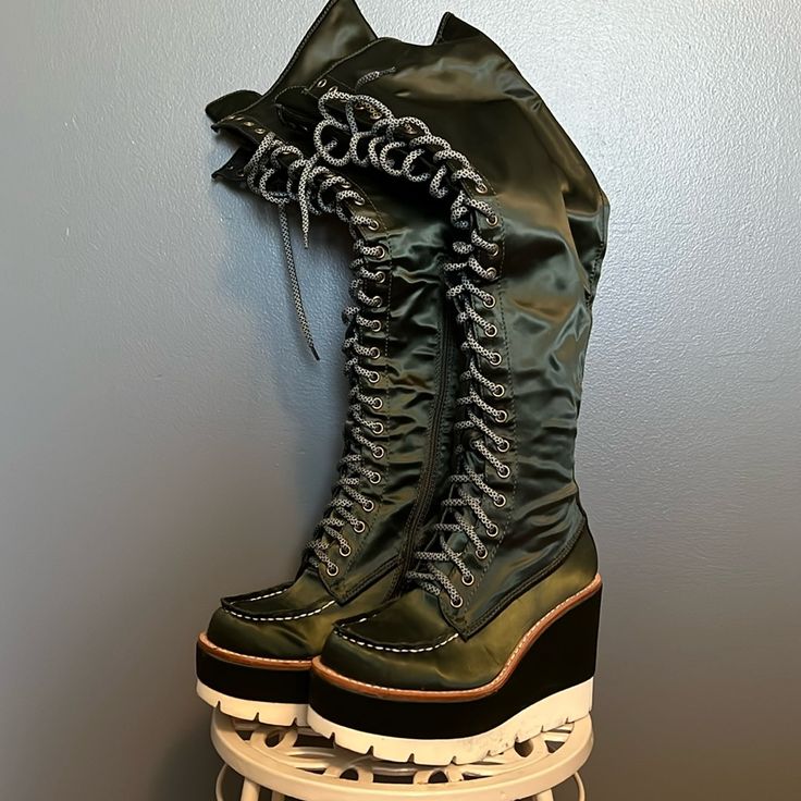 These Are Brand New And I’ve Never Seen Another Pair For Sale Like Them. Satin Green Lace Up Wedge Boots With Inner Zipper (Only Goes Part Way Up As Shown In Photo) I Absolutely Don’t Want To Let These Go But I’ve Never Worn Them And Need To Make Room. Ladies Green Boots, Green Slouchy Boots, Green Heels Boots, Alt Platform Boots, Greek Boots, Leather Lace-up Platform Wedge Boots, Green Platform Boots With Round Toe, Leather Platform Wedge Boots For Party, Leather Platform Boots With Wedge Heel For Parties