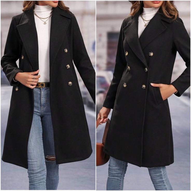 Black Long Coat With Button Closure, Chic Long Pea Coat With Button Cuffs, Long-sleeved Business Outerwear With Buttons, Black Double-breasted Long Sleeve Blazer, Solid Pea Coat With Buttons For Office, Business Long Coat With Buttons, Office Pea Coat With Lapel Collar And Buttons, Winter Office Outerwear With Buttons, Black Long Coat Outerwear With Buttons