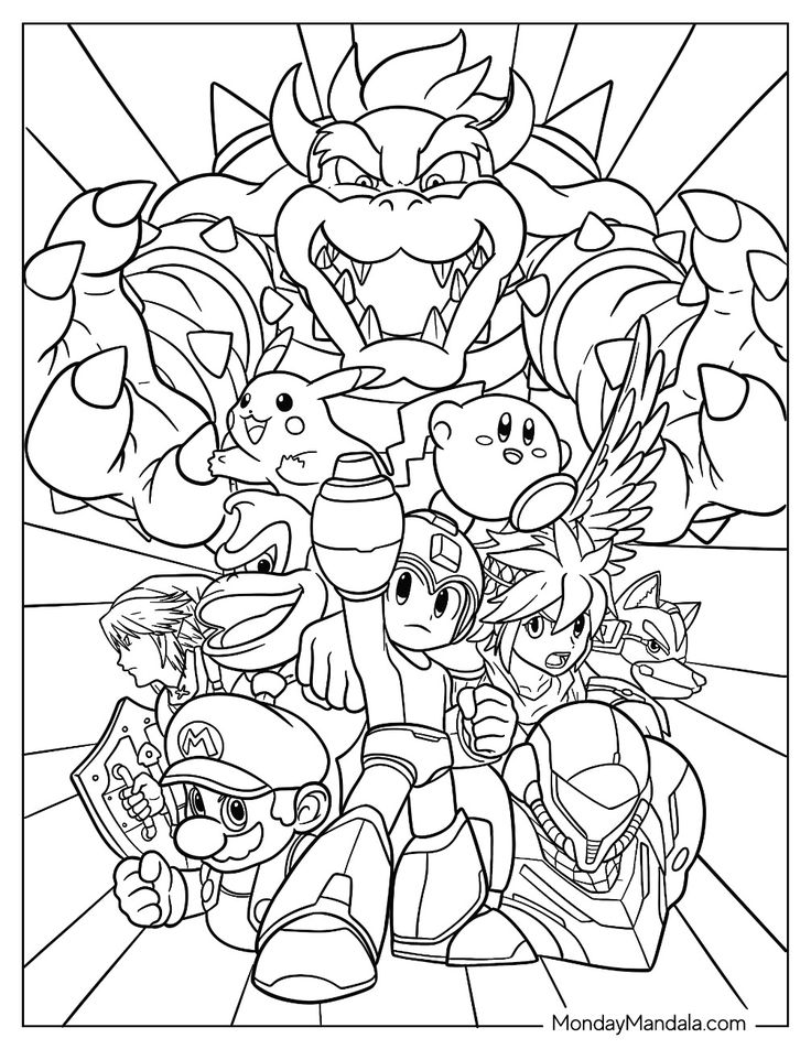 an adult coloring page featuring the characters from mario and friends