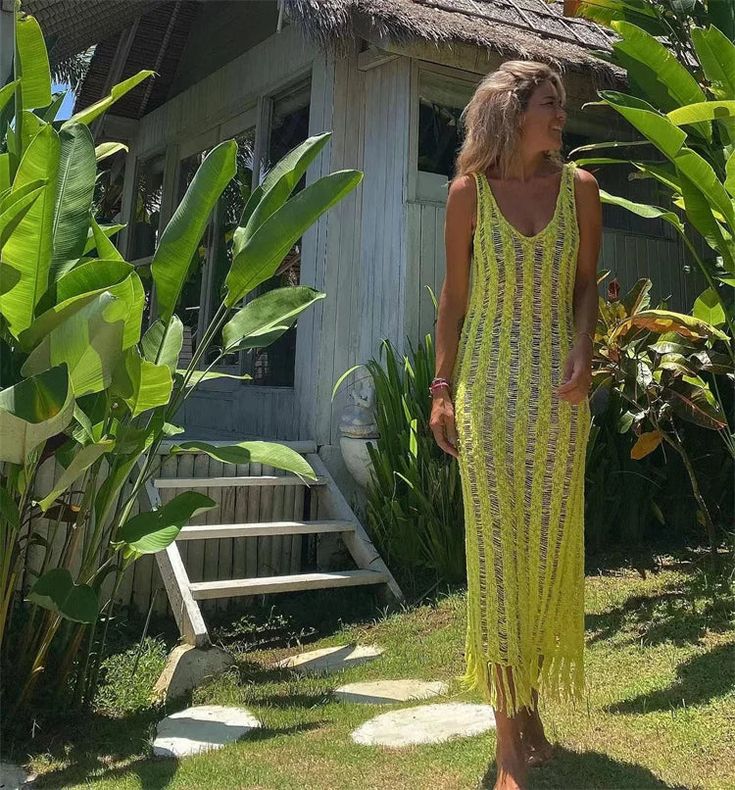 Step into the summer spotlight with our Boho Mesh Tassel Maxi Dress Beach Cover-Up. This stunning dress combines street style with sexy and club vibes, making it the perfect addition to your beach wardrobe. Crafted from high-quality polyester, it offers a lightweight and breathable fit, ideal for hot summer days. The solid pattern and chic tassel details add a touch of elegance and flair, while the maxi length provides a flowing silhouette. Perfect as a beach cover-up, this dress ensures you sta Mesh Beach Cover Up, Beach Wardrobe, Beach Tunic, Tunic Designs, Beach Coverup Dress, Estilo Chic, Female Girl, Punta Cana, Dress Cover