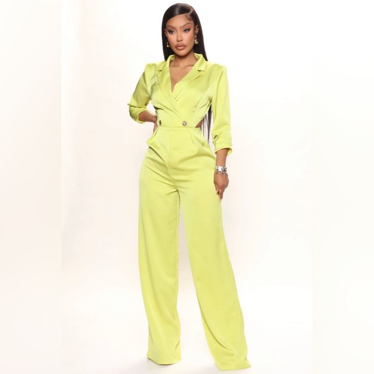 New Without Tags Women’s Fashion Nova Office Talks Chartreuse Jumpsuit Lime Sz M. Sold Out Online. Gorgeous Lime Color. Zips In The Back. With Open Lower Back. Gold Button Detailing (Faux) Chic V-neck Suits For Spring, Spring Party Suit In Solid Color, Spring High Waist Pantsuit For Night Out, Solid High-waisted Spring Jumpsuits And Rompers, Solid Color Pantsuit For Night Out In Spring, Solid Pantsuit For Night Out In Spring, Spring V-neck Pantsuit For Office, Solid Pantsuit For Spring Night Out, Spring Night Out Overall Pantsuit