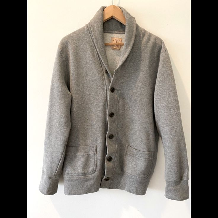 Nwot J-Crew Shawl Neck Fleece Button Thru Jacket Winter Cotton Outerwear With Button Closure, Winter Gray Outerwear With Buttoned Pockets, Winter Cotton Blazer With Button Closure, Gray Winter Outerwear With Buttoned Pockets, Classic Outerwear With Shawl Collar In Solid Color, Solid Outerwear With Button Closure For Everyday, Gray Outerwear With Snap Buttons For Fall, Classic Long Sleeve Outerwear With Buttons, Winter Cotton Button-up Blazer