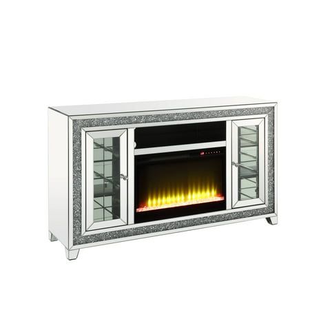 an entertainment center with a fire in the fireplace