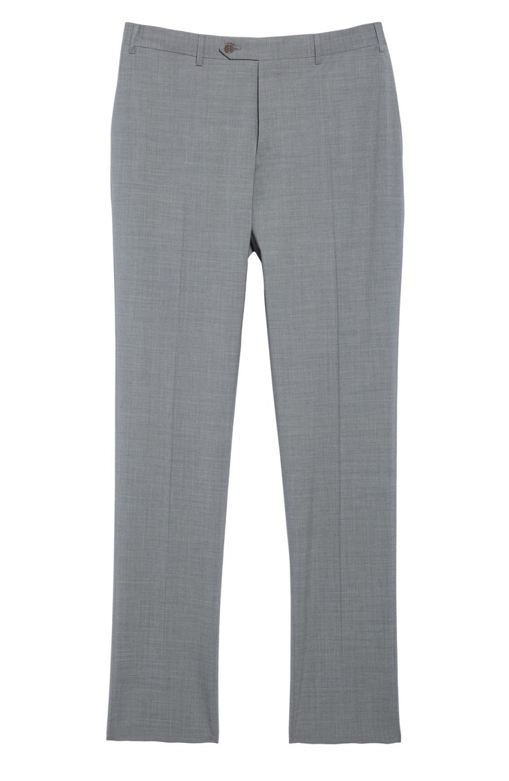 Stretchy wool with a rich texture elevates charming Italian trousers in a classic flat-front cut. Style Name:Canali Flat Front Classic Fit Solid Stretch Wool Dress Pants. Style Number: 5614193. Wool Flat Front Bottoms For Workwear, Classic Business Casual Suiting Fabric Bottoms, Elegant Gray Wool Pants, Classic Wool Dress Pants For Semi-formal Occasions, Elegant Gray Wool Bottoms, Elegant Bottoms With Welt Pockets For Business Trips, Tailored Straight Leg Wool Suits, Classic Gray Slim Fit Bottoms, Classic Flat Front Pants For Fall