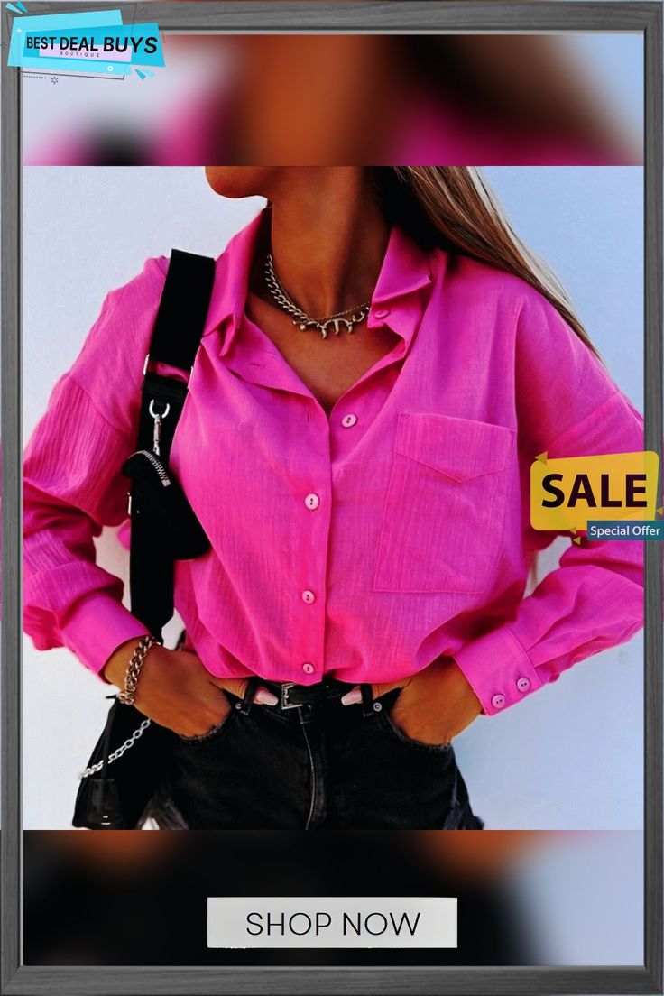 Women's Shirt Blouse Black White Fuchsia Plain Button Pocket Long Sleeve Daily Weekend Streetwear Casual Shirt Collar Regular S Pink Long Sleeve Shirt With Buttons, Pink Solid Color Shirt For Workwear, Trendy Pink Blouse With Button Closure, Pink Solid Color Shirt For Spring, Pink Long Sleeve Solid Color Shirt, Summer Pink Blouse With Pockets, Trendy Pink Tops With Pockets, Pink Long Sleeve Blouse With Buttons, Trendy Pink Top With Pockets