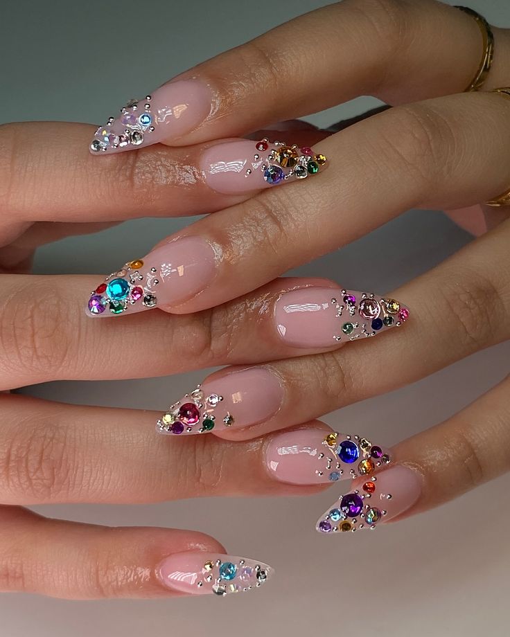 This set is beautiful ✨🩷 #nails #nailinspo #christmasnails Birthday Diamond Nails, Multi Colored Gem Nails, Multicolor Rhinestone Nails, Bling Tip Nails, Colourful Gem Nails, Long Almond Nails With Gems, Chunky Gem Nails, Birthday Nails Gems, Colored Rhinestone Nails