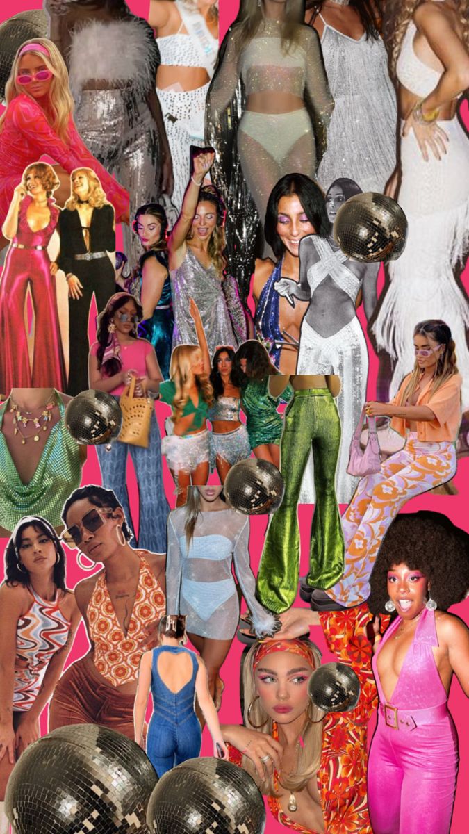 a collage of women dressed in disco outfits and disco balls, all with their hands on their hips