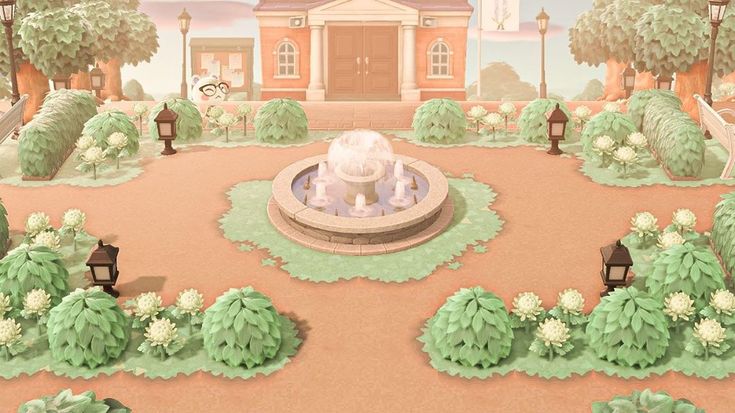 an animated image of a fountain in the middle of a park with trees and bushes