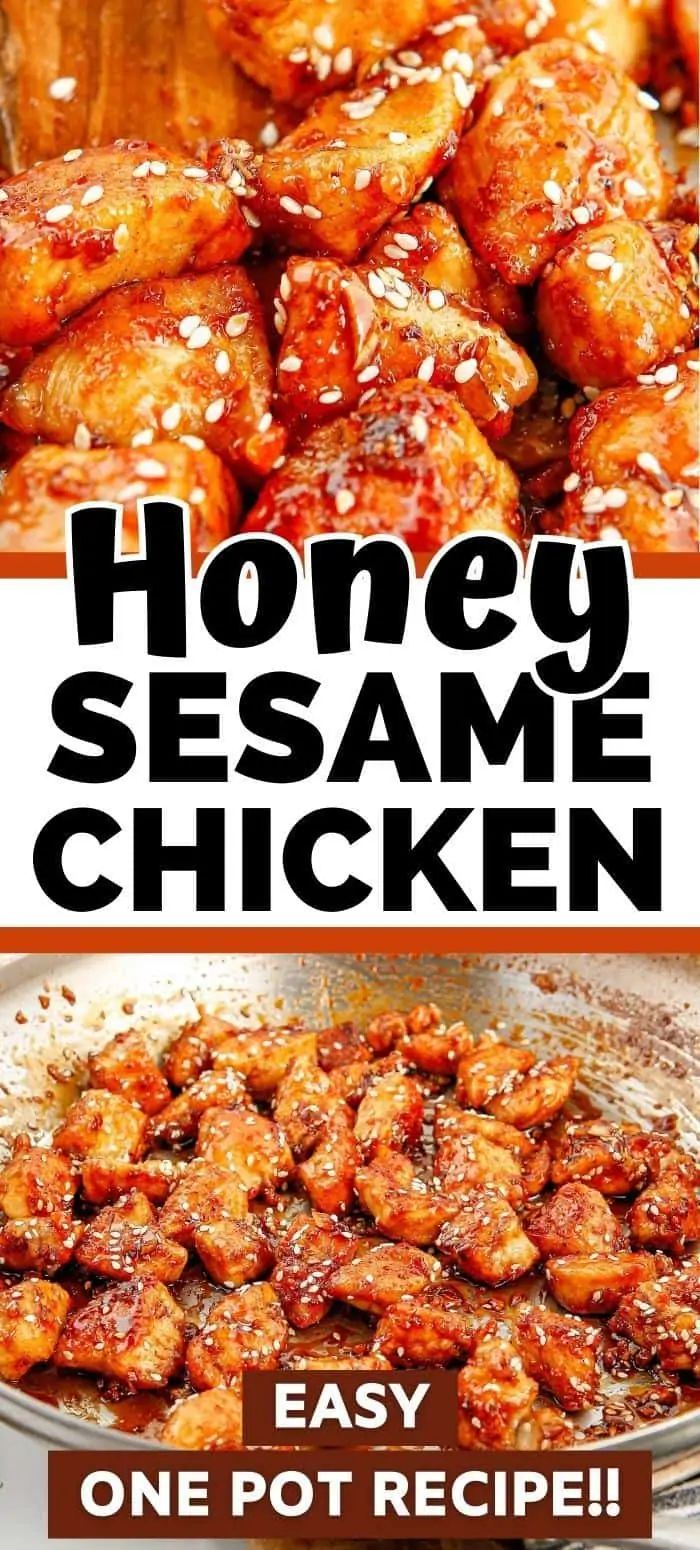 honey sesame chicken in a pan with the title overlay