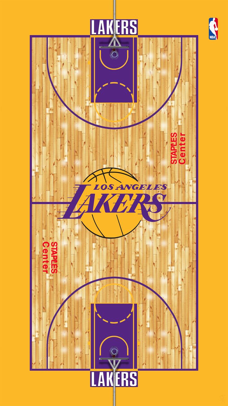 the los lakerss basketball court is shown in purple and yellow with an orange stripe