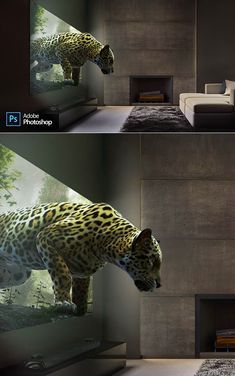 two pictures of a leopard in the middle of a living room with a fireplace and tv