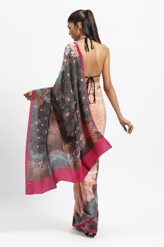 Multicolour saree with printed floral motifs, embellished by sequins and beads. Comes with running blouse piece. - Aza Fashions Elegant Pre-draped Saree With Printed Motifs For Diwali, Elegant Blouse Piece With Traditional Drape And Printed Motifs, Festive Silk Pre-draped Saree With Printed Motifs, Navratri Party Pre-draped Saree With Printed Motifs, Floral Print Georgette Pre-draped Saree, Floral Print Pre-draped Georgette Saree, Elegant Designer Saree With Printed Motifs, Elegant Dupatta With Printed Motifs For Reception, Traditional Pre-draped Saree For Reception With Printed Motifs