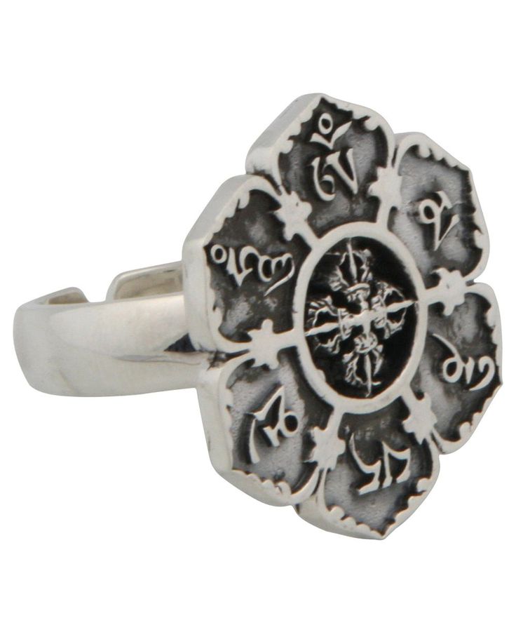 Om Mani Padme Hum Lotus Ring Made of sterling silver Lotus is 1 inch across Depicts Vajra symbol at the center Adjustable fits ring sizes 8-12 Mantra Ring, Buddha Groove, Lotus Ring, Om Mani Padme Hum, Tibetan Buddhist, Ring Sizes, Ring Sterling Silver, Mantra, Nepal