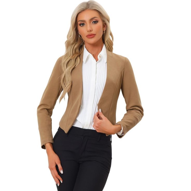 Shell: 95% Polyester, 5% Spandex. Lining: 100% Polyester. It creates a modern sleek look even at the office with this stunning cropped office blazer jacket. This smart collarless blazer features an angled hem that's shorter in the back for a fashionably cool look. An open-front design with hook eye closure for showing your amazing top inside. This piece makes you outstanding whether for a professional or a casual look. Suitable for Office look. Stretch Blazer For Business Casual, Versatile Fitted Blazer, Modern Slim Fit Blazer For Office, Modern Slim Fit Office Blazer, Versatile Fitted Solid Color Blazer, Versatile Solid Color Fitted Blazer, Sleek Slim Fit Blazer For Office, Sleek Slim Fit Office Blazer, Womens Oversized Blazer