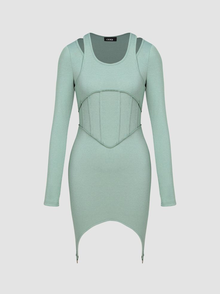 a green dress with long sleeves and an open back Knee-length Cotton Mini Dress For Winter, Winter Knee-length Cotton Mini Dress, Winter Mini Cotton Dress, Fitted Long Sleeve Cotton Mini Dress, Fitted Cotton Mini Dress For Fall, Textile Waste, Long Sleeve Mini, Mini Dress With Sleeves, Long Sleeve Mini Dress