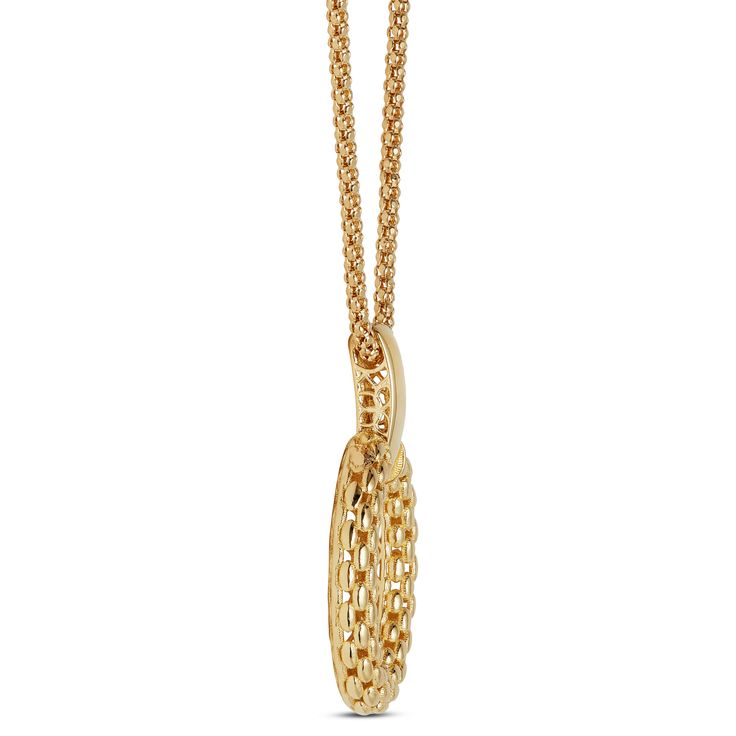 A textured oval shaped pendant highlights the artistry involved with this 14k yellow gold necklace from our Toscano Collection. Like every piece from the collection, this pendant necklace employs techniques refined throughout the centuries by Italian artisans while adding a modern flare. Pair it with matching earrings while supplies last. Yellow Gold Necklace With Large Oval Pendant, Yellow Gold Formal Necklace With Oval Pendant, Yellow Gold Oval Pendant Necklace For Formal Occasions, Gold Filigree Oval Pendant Necklace, Hammered Yellow Gold Oval Link Jewelry, Gold Necklaces With Large Oval Pendant, Gold Oval Necklace With Large Pendant, Yellow Gold Hammered Oval Link Jewelry, Yellow Gold Oval Coin Pendant Jewelry