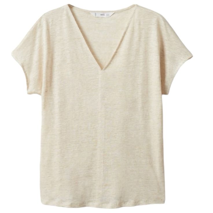 This Stylish Short Sleeve T-Shirt From Mango Is Made From 100% Linen Fabric, Perfect For Warm Weather. The Regular Fit, V-Neck, And Short Sleeves Make It A Versatile Addition To Your Wardrobe. The Lightweight And Semi-Sheer Design Add To Its Appeal. New With Tags And In Excellent Condition! Measurements: Bust Size: 45.67 Inches Top Length: 26 Inches Machine Wash Basic V-neck Summer Shirt, Basic V-neck Top For Summer, Mango Cream, Linen Short Sleeve, Mango Tops, Linen Short, White Crop Top, Polo Dress, Henley Shirts