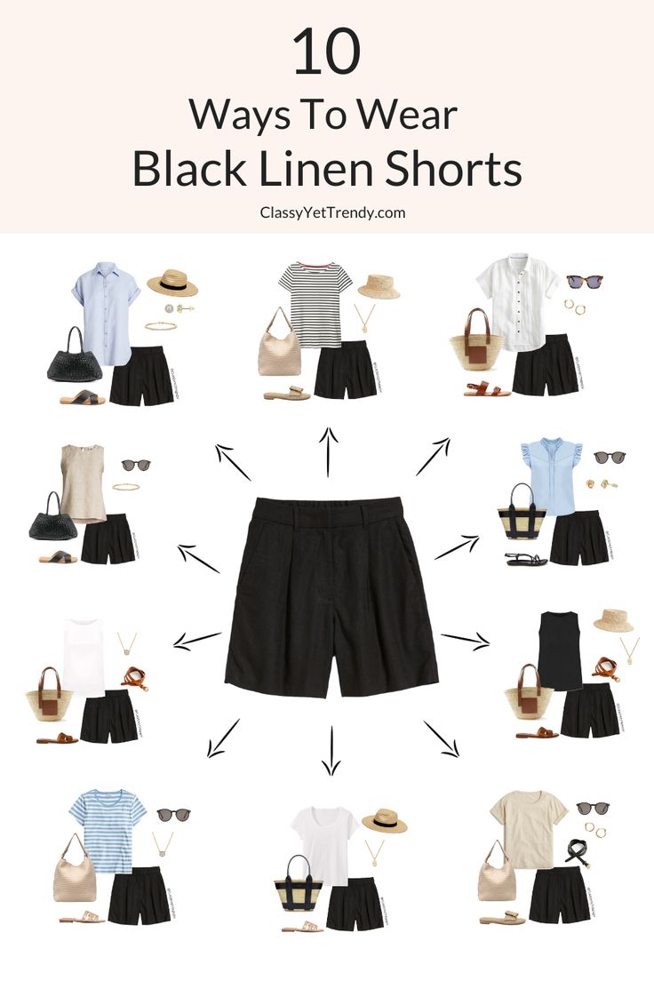 Classic Style Casual Outfits, 10 Clothes 30 Outfits, Black Coordinate Outfits, August Summer Outfits, Linen Shorts Outfit Spring, Accessorize Casual Outfits, Capsule Wardrobe Shorts, 30 Clothing Style, Shorts Minimalist Outfit