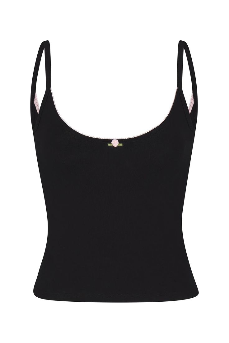 SCOOP BACK CAMI IN ONYX – RAT BOI Daywear Camisole With Built-in Bra And Scoop Neck, Spring Loungewear Camisole With Scoop Neck, Chic Cotton Camisole With Built-in Bra, Scoop Neck Camisole For Spring Loungewear, Spring Scoop Neck Camisole For Loungewear, Fitted Scoop Neck Camisole For Loungewear, Feminine Bra-friendly Tank Top, Fitted Tank Top For Loungewear, Feminine Stretch Tank Top For Daywear