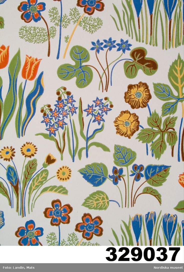 an image of a wallpaper with flowers and plants in blue, green, orange and yellow colors