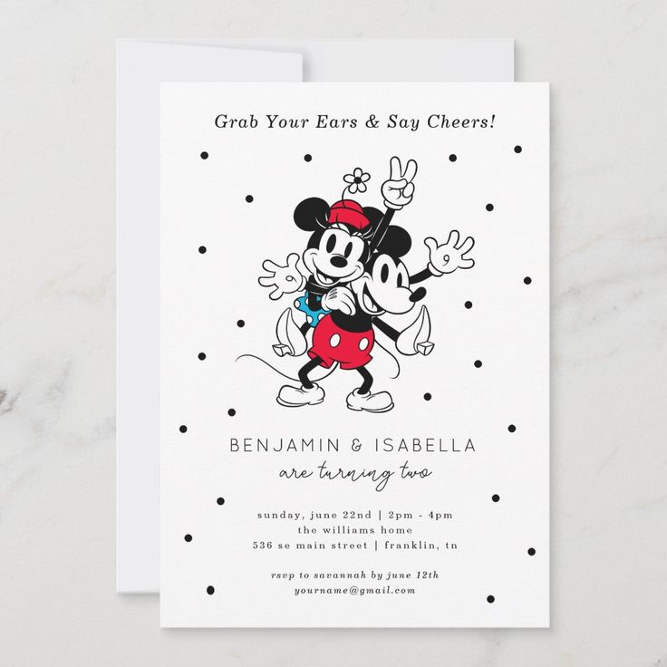 a mickey mouse birthday party card with polka dots