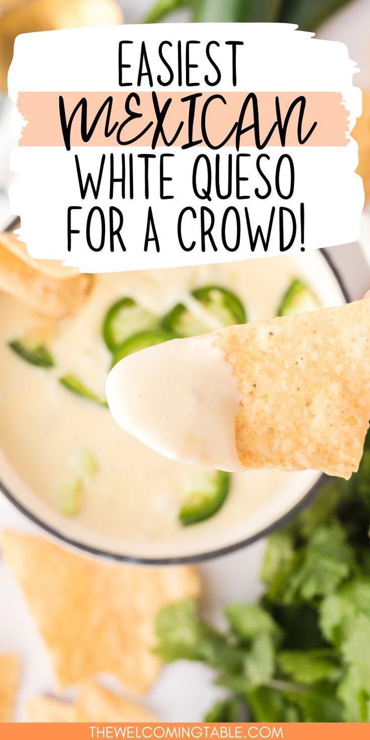 A close up of a chip that's been dipped in white queso. Best White Cheese Dip, Cheese Dip For A Crowd, Cold Queso Dip, Mexican Caso Dip Recipes, Canned Queso Recipe, Queso Dip For A Crowd, Monterrey Jack Cheese Recipes, Healthy Mexican Dip, Simple Queso Dip