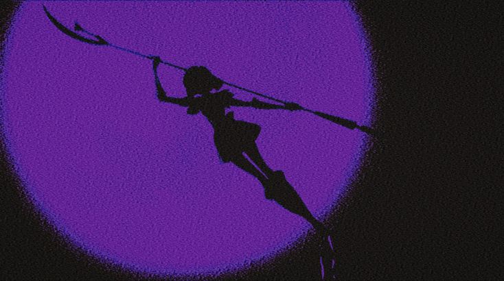 the silhouette of a woman holding an arrow in front of a purple circle with black background