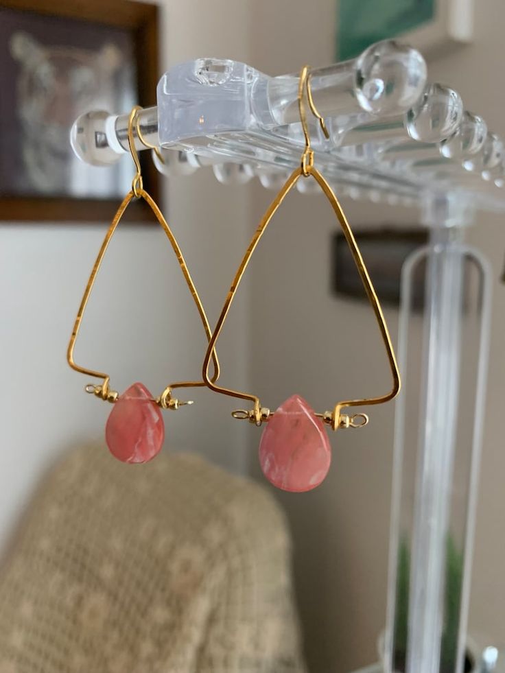 Geometric Pink Quartz Earrings - Etsy Pink Teardrop 14k Gold Filled Jewelry, Pink Brass Earrings As Gift, Pink Brass Earrings For Gifts, Everyday Pink Pierced Earrings, Pink Wire Wrapped Teardrop Earrings, Pink Wire Wrapped 14k Gold-filled Jewelry, Pink Minimalist Teardrop Earrings, Pink Brass Dangle Earrings, Pink Brass Dangle Jewelry