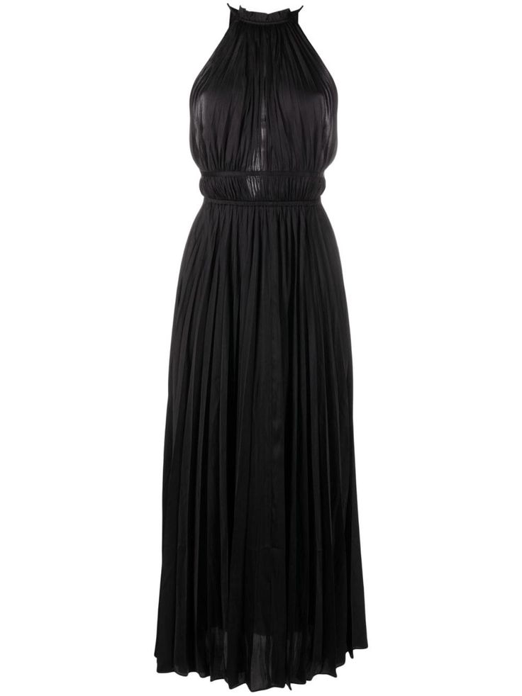 black fully pleated round neck sleeveless rear tie fastening flared skirt maxi straight hem Silk Maxi Dress With Pleated Back For Party, Silk Maxi Dress With Pleated Back For Cocktail, Satin Maxi Dress With Pleated Back For Evening, Evening Satin Maxi Dress With Pleated Back, Evening Satin Midi Dress With Pleated Waist, Silk Maxi Dress With Pleated Back For Evening, Evening Silk Maxi Dress With Pleated Back, Silk Pleated Waist Dress For Evening, Evening Satin Pleated Dress