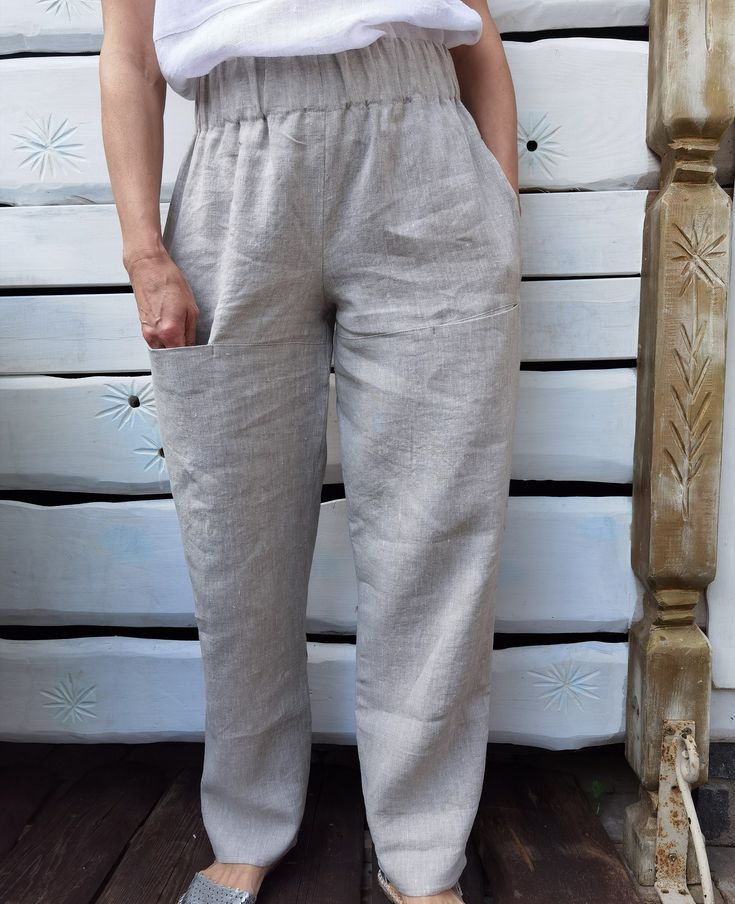 "Linen pants. Pants made from 100% pure linen. OEKO-TEX® STANDARD certificate. In the photos \"38-40 M-L size\" is demonstrated. We can make any size on your request, please do not hesitate to contact us. Linen is one of the strongest and most durable natural fibers - the ancient Egyptians used linen for mummification, and the US uses it blended with cotton for dollar bills! Linen fabric is usually a low-thread count even-weave cloth or sometimes knit. It has a natural slub variation in the fibe Relaxed Fit Linen Harem Pants With Pockets, Linen Long Pants With Side Pockets, Relaxed Fit Flax Bottoms With Pockets, Flax Colored Bottoms With Pockets, Linen Straight Pants With Side Pockets, Straight Linen Pants With Side Pockets, Linen Pants With Pockets, Straight Linen Pants With Pockets, Linen Bottoms With Side Pockets And Tapered Leg