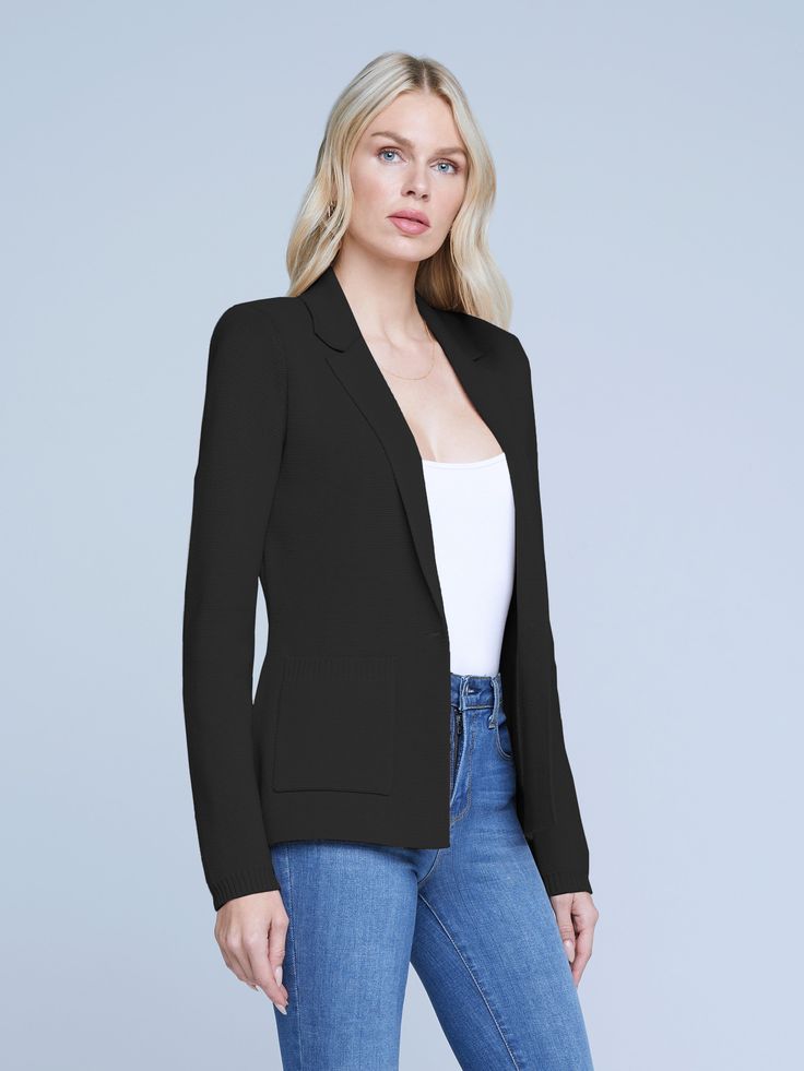 An effortlessly chic knit blazer in black. Classic tailored details like lapels and patch pockets complement soft, luxurious knit done in a lightly textured stitch. Clean silhouette tapers at waist for a flatteringly sleek fit. Tonal embossed-dome button closure. Elegant Tailored Cardigan With Lapel Collar, Chic Tailored Cardigan For Work, Elegant Fitted Cardigan With Notch Lapel, Elegant Single Breasted Cardigan With Notch Lapel, Elegant Fitted Cardigan For Work, Formal Chic Tailored Cardigan, Classic Fitted Cardigan With Notch Lapel, Classic Cardigan With Notch Lapel For Work, Classic Notch Lapel Cardigan For Work