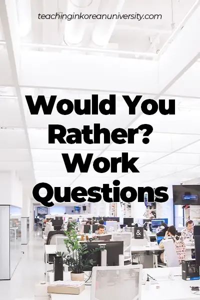 an office with people working on computers and text reading would you rather rather work questions?