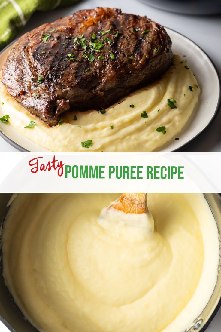 two pictures showing how to make mashed potatoes with steak