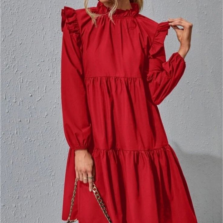 Pit To Pit Is 20 Inches Questions? Leave A Comment Below! Casual Long Sleeve Ruffle Dress For Brunch, Casual Solid Color Dresses With Ruffles, Red Ruffled Knee-length Midi Dress, Red Knee-length Midi Dress With Ruffles, Red Ruffle Hem Dress With Ruffle Sleeves, Red Dress With Ruffle Hem And Ruffle Sleeves, Red Dress With Ruffle Hem And Sleeves, Red Dresses With Ruffle Hem And Ruffle Sleeve, Solid Ruffled Midi Dress For Fall