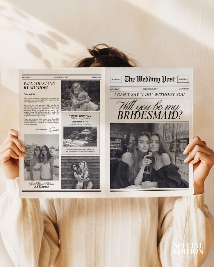 a woman holding up a newspaper with photos of her bridesmaids on it and the words will they be my bridesmaid?