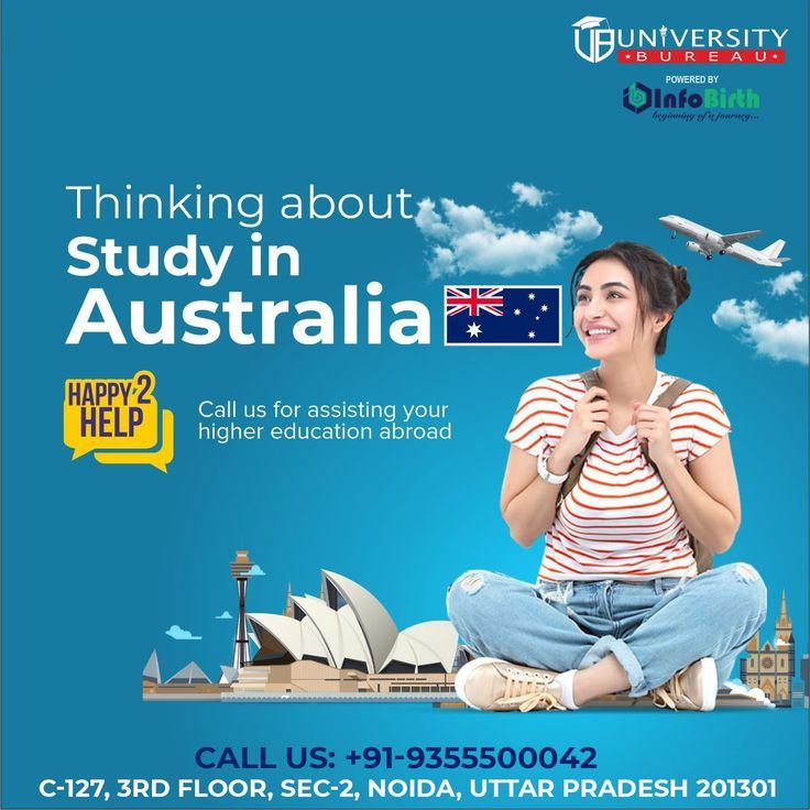 a woman sitting on the ground in front of an australian flag and text that reads thinking about study in australia