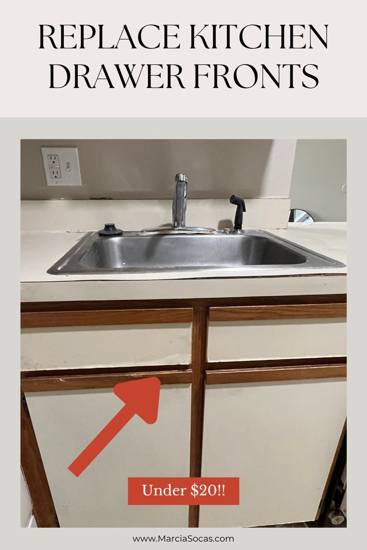 a kitchen sink with the words replace kitchen drawer fronts under $ 20 on top of it