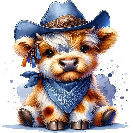 a painting of a dog wearing a cowboy hat and bandana sitting on the ground