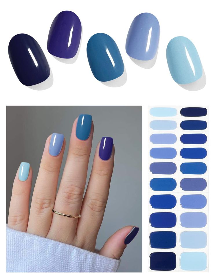 PRICES MAY VARY. 【UV Nail Stickers Kit】- Each box includes 20 easy to use semi cured gel nail sticker in 10 different sizes. It also comes with 2 prep pads, 1 nail file, and 1 wooden stick. 【Gel Nail Polish Stickers】- New type of attachable gel nail strips made from 100% real liquid gel. Cured 60% in advance, our semi cured gel nails stay soft and stretchy. When fully cured under a UV lamp, nail strips will harden into a Salon-grade manicure. 【Time & Cost-Saving】- Semi cured nail strips just nee Beach Nail Colors Gel, Dip Blue Nails, Different Color Blue Nails, Nails Blue Tips, Nail Colors Blue, Jewel Tone Nails, Shades Of Blue Nails, Navy Blue Nail Ideas, Cobalt Blue Nails