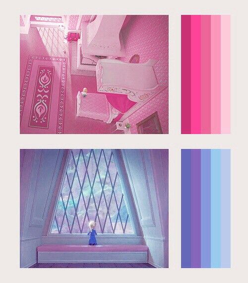 three different images of the same room with pink walls and flooring, including a bench in front of a stained glass window