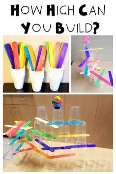 some plastic cups with toothbrushes in them and the words how high can you build?