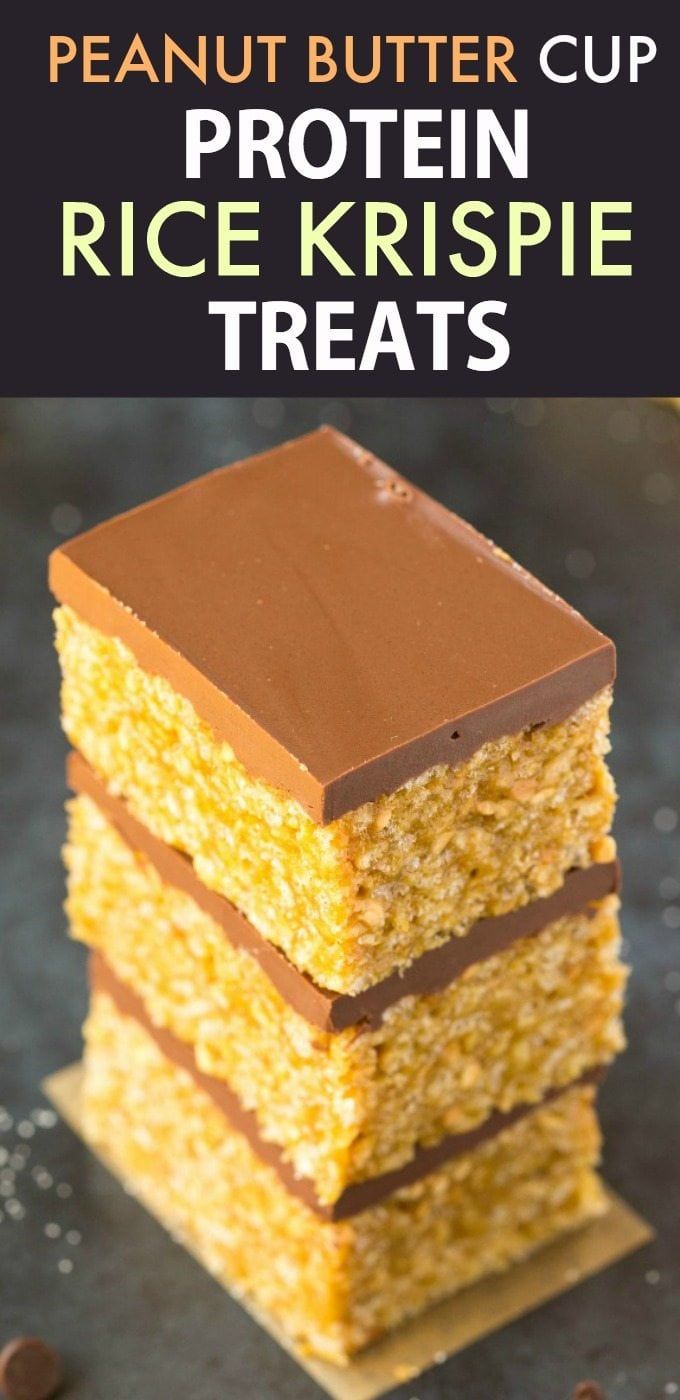 peanut butter cup protein rice krispie treats stacked on top of each other with text overlay