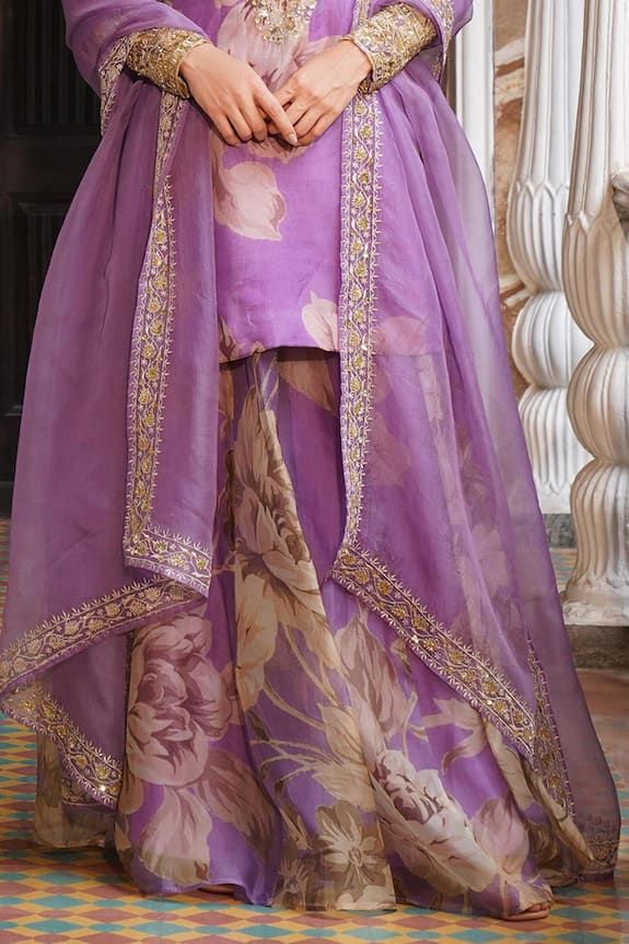 Lavender organza padded kurta with floral print and sequins embroidery. Comes with sharara and a dupatta. - Aza Fashions Astha Narang, Kurta Sharara Set, Kurta Sharara, Round Pattern, Sharara Set, Sequins Embroidery, Fashion App, Set For Women, Aza Fashion